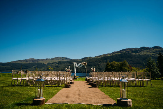 Rustic ceremony with burlap aisle on Loch Goil waterside